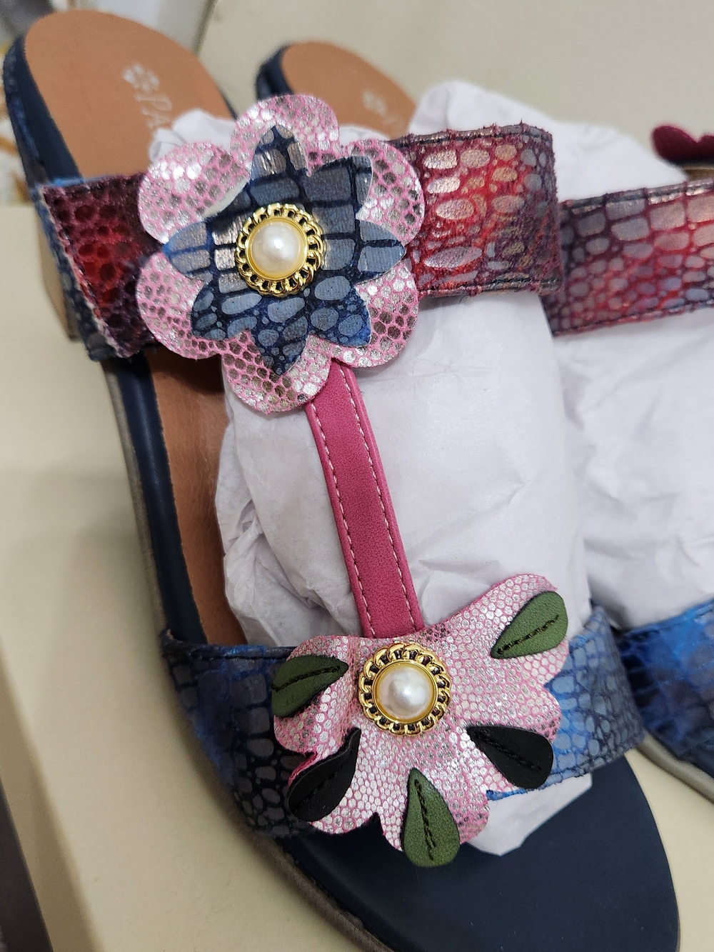 Spring Step Patrizia Navy, Pink & Blue Floral T-Strap Sandals